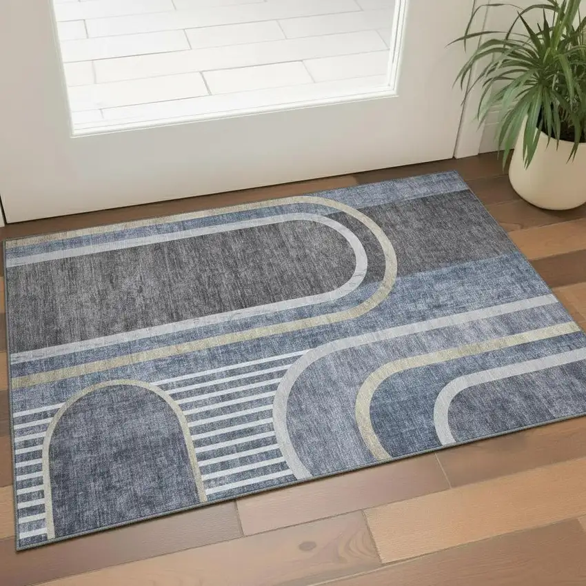 Navy Blue And Khaki Geometric Washable Area Rug With UV Protection Photo 1