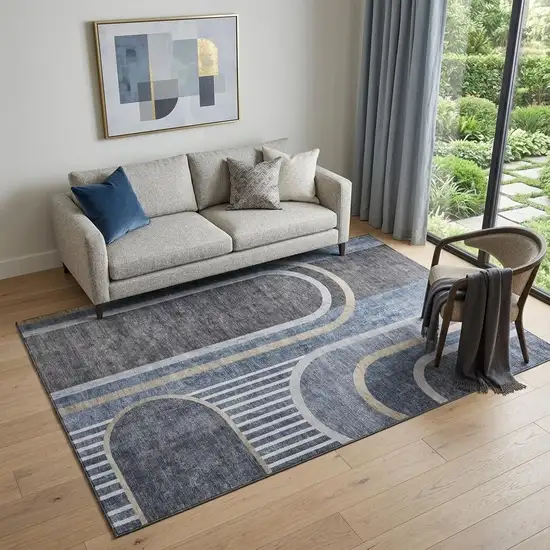 Navy Blue And Khaki Geometric Washable Area Rug With UV Protection Photo 1