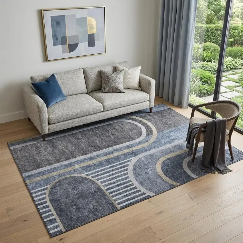Navy Blue And Khaki Geometric Washable Area Rug With UV Protection Photo 1