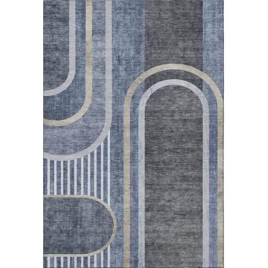 Navy Blue And Khaki Geometric Washable Area Rug With UV Protection Photo 3