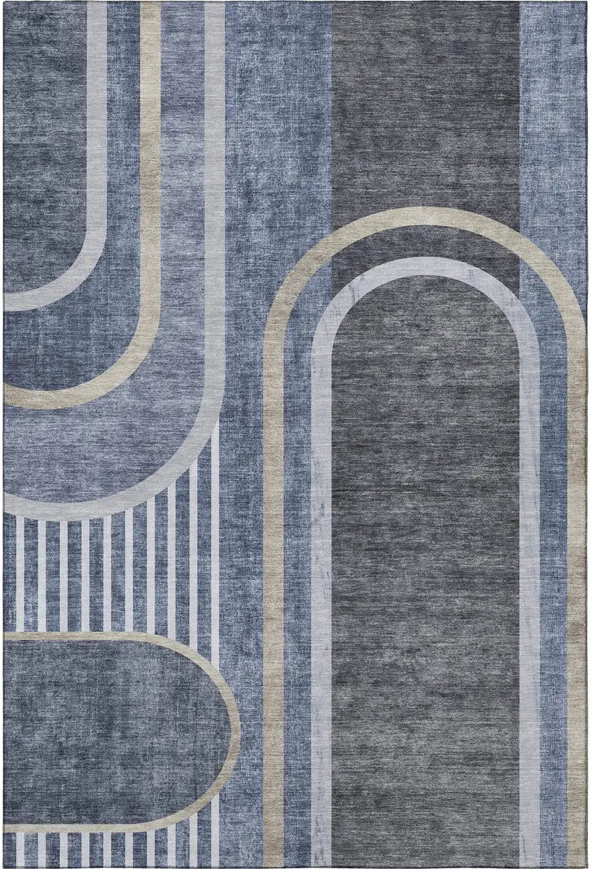 Navy Blue And Khaki Geometric Washable Area Rug With UV Protection Photo 3