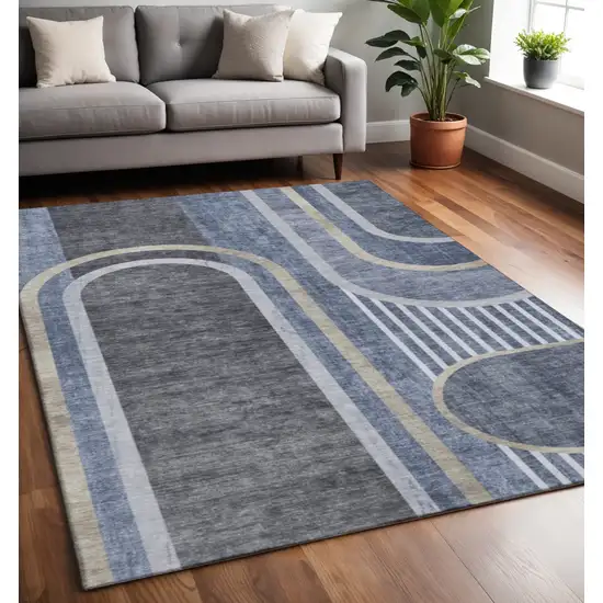 Navy Blue And Khaki Geometric Washable Area Rug With UV Protection Photo 2