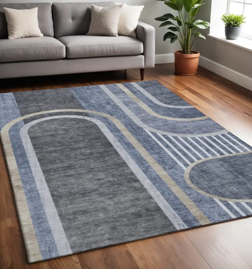 Navy Blue And Khaki Geometric Washable Area Rug With UV Protection Photo 2