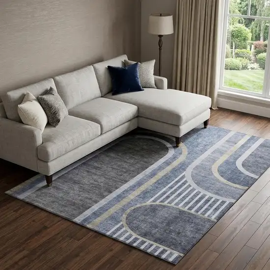 Navy Blue And Khaki Geometric Washable Area Rug With UV Protection Photo 1