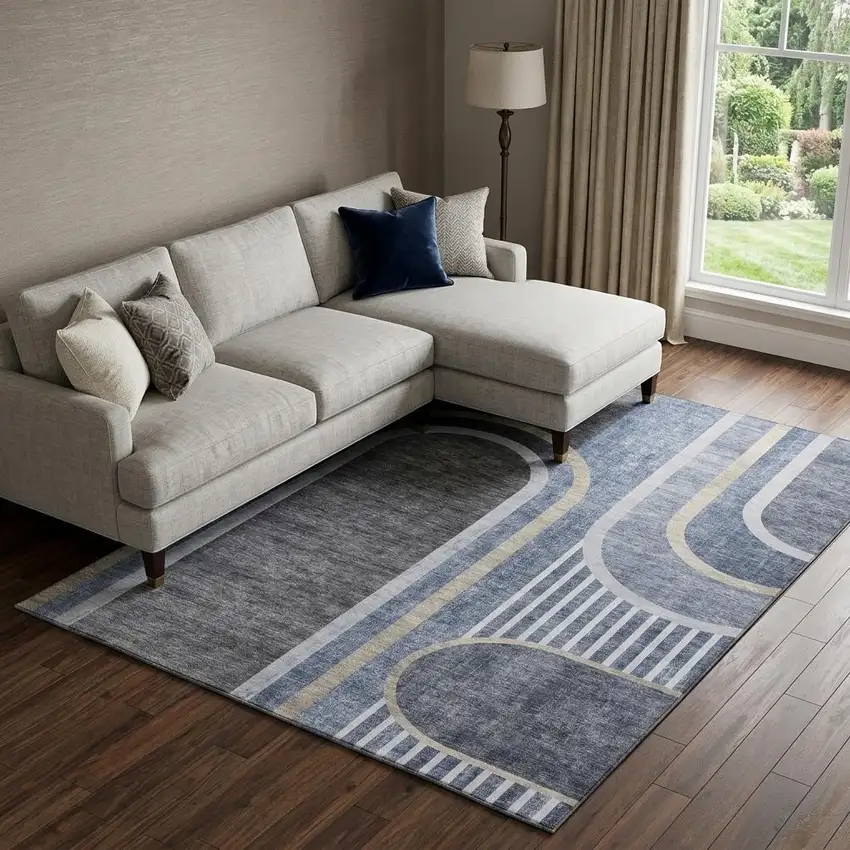 Navy Blue And Khaki Geometric Washable Area Rug With UV Protection Photo 1