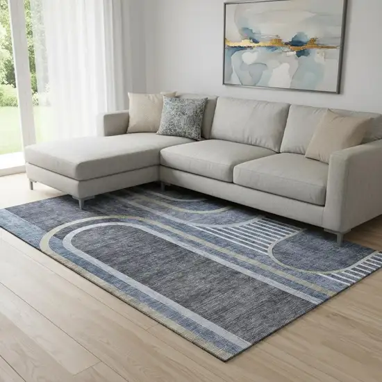 Navy Blue And Khaki Geometric Washable Area Rug With UV Protection Photo 1