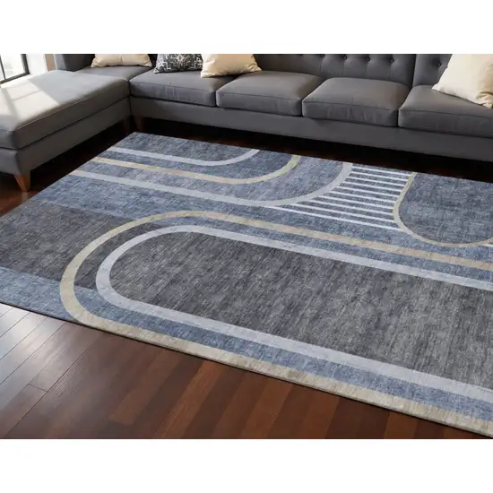 Navy Blue And Khaki Geometric Washable Area Rug With UV Protection Photo 2
