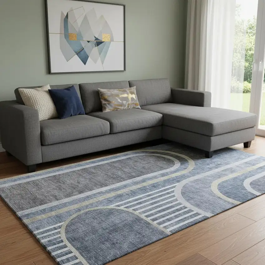 Navy Blue And Khaki Geometric Washable Area Rug With UV Protection Photo 1