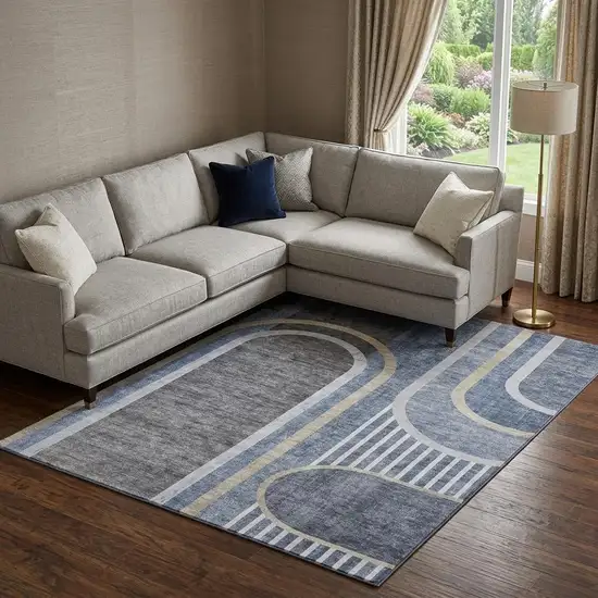 Navy Blue And Khaki Geometric Washable Area Rug With UV Protection Photo 1