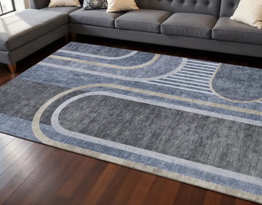 Navy Blue And Khaki Geometric Washable Area Rug With UV Protection Photo 2
