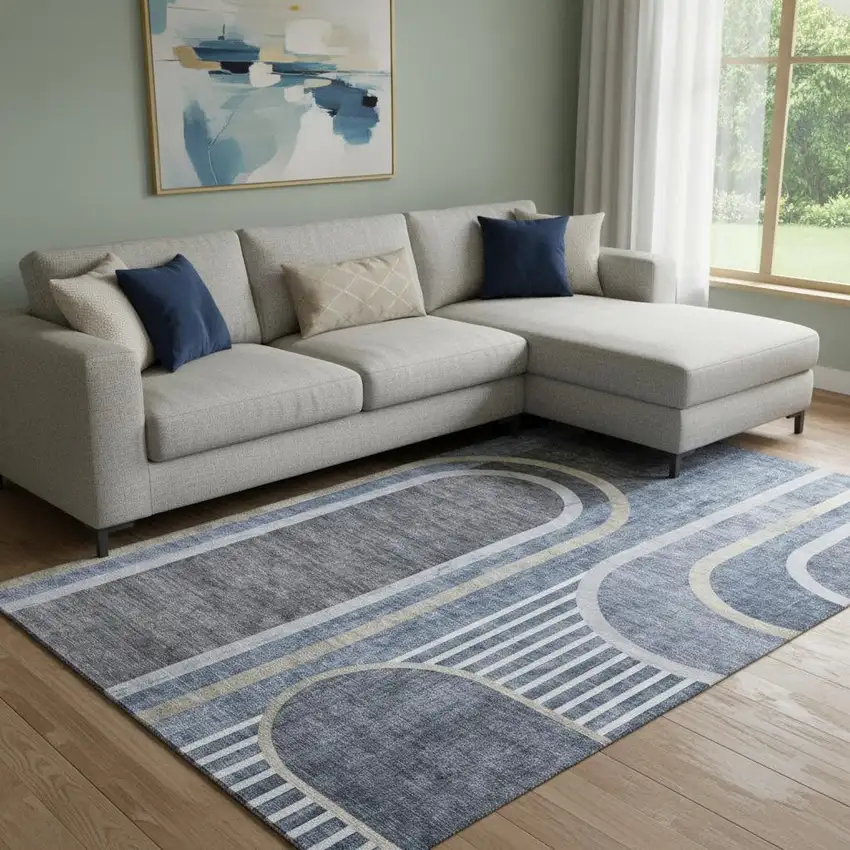 Navy Blue And Khaki Geometric Washable Area Rug With UV Protection Photo 1