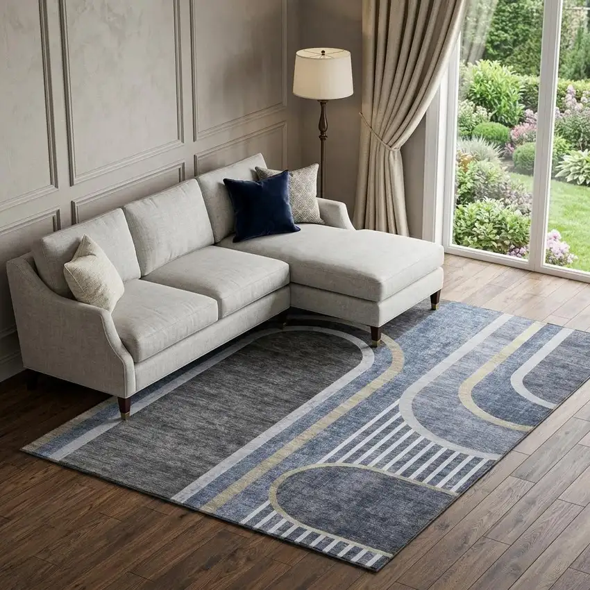 Navy Blue And Khaki Geometric Washable Area Rug With UV Protection Photo 1