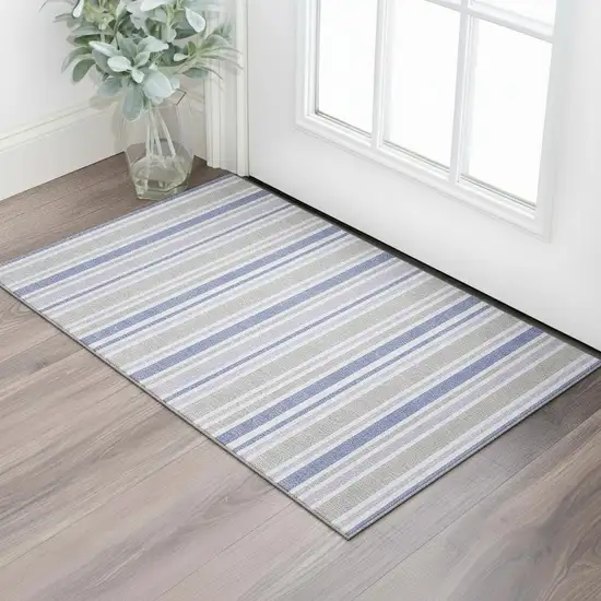 Navy Blue And Lavender Striped Washable Area Rug With UV Protection Photo 1