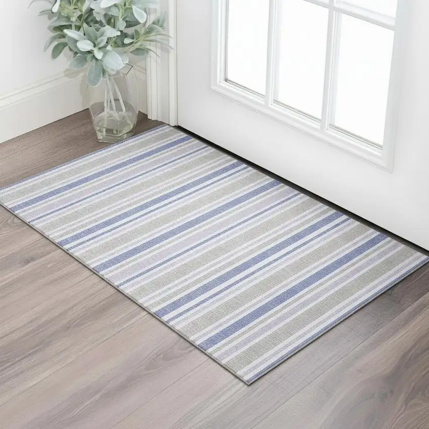 Navy Blue And Lavender Striped Washable Area Rug With UV Protection Photo 1