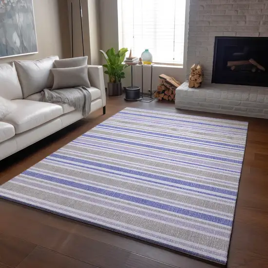 Navy Blue And Lavender Striped Washable Area Rug With UV Protection Photo 5