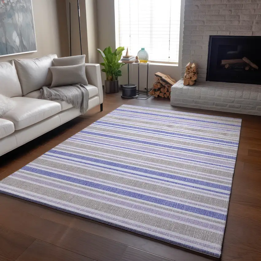 Navy Blue And Lavender Striped Washable Area Rug With UV Protection Photo 5