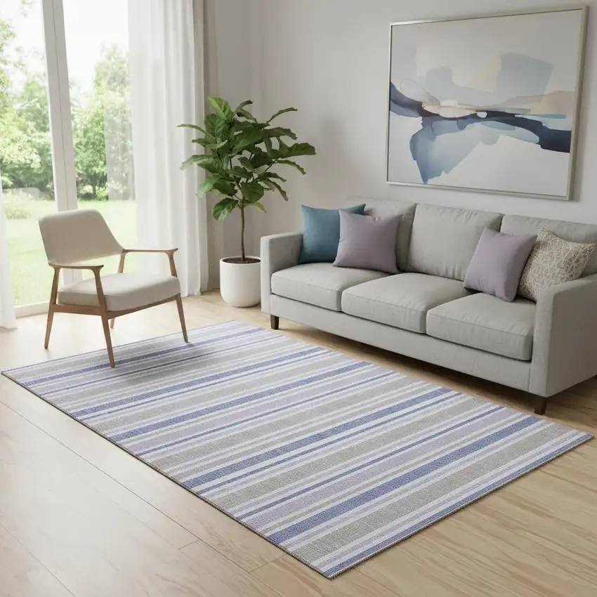 Navy Blue And Lavender Striped Washable Area Rug With UV Protection Photo 1