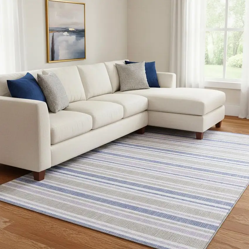 Navy Blue And Lavender Striped Washable Area Rug With UV Protection Photo 1