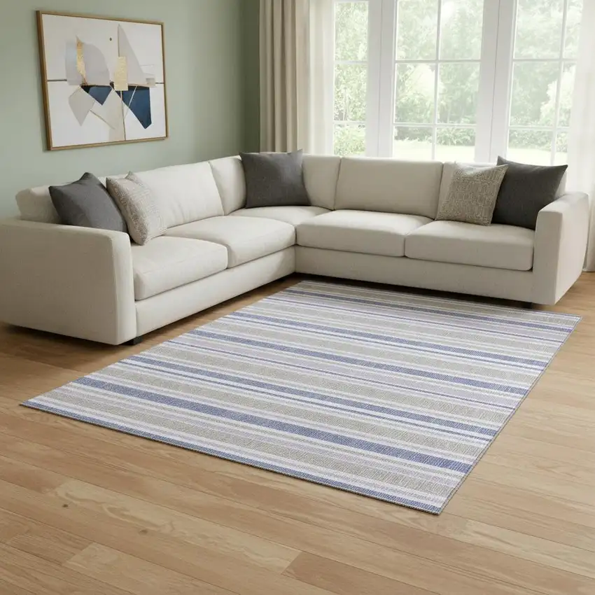 Navy Blue And Lavender Striped Washable Area Rug With UV Protection Photo 1