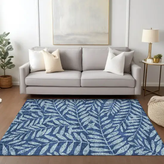 Navy Blue And Light Blue Floral Washable Indoor Outdoor Area Rug Photo 9