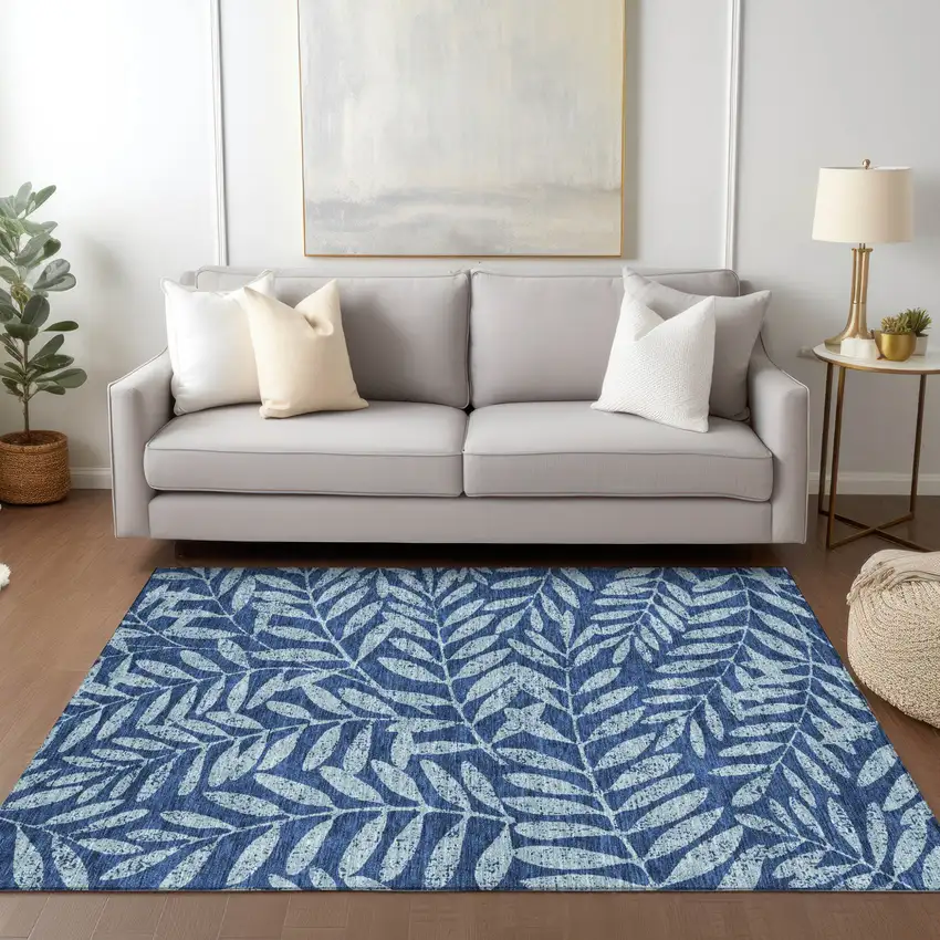 Navy Blue And Light Blue Floral Washable Indoor Outdoor Area Rug Photo 9