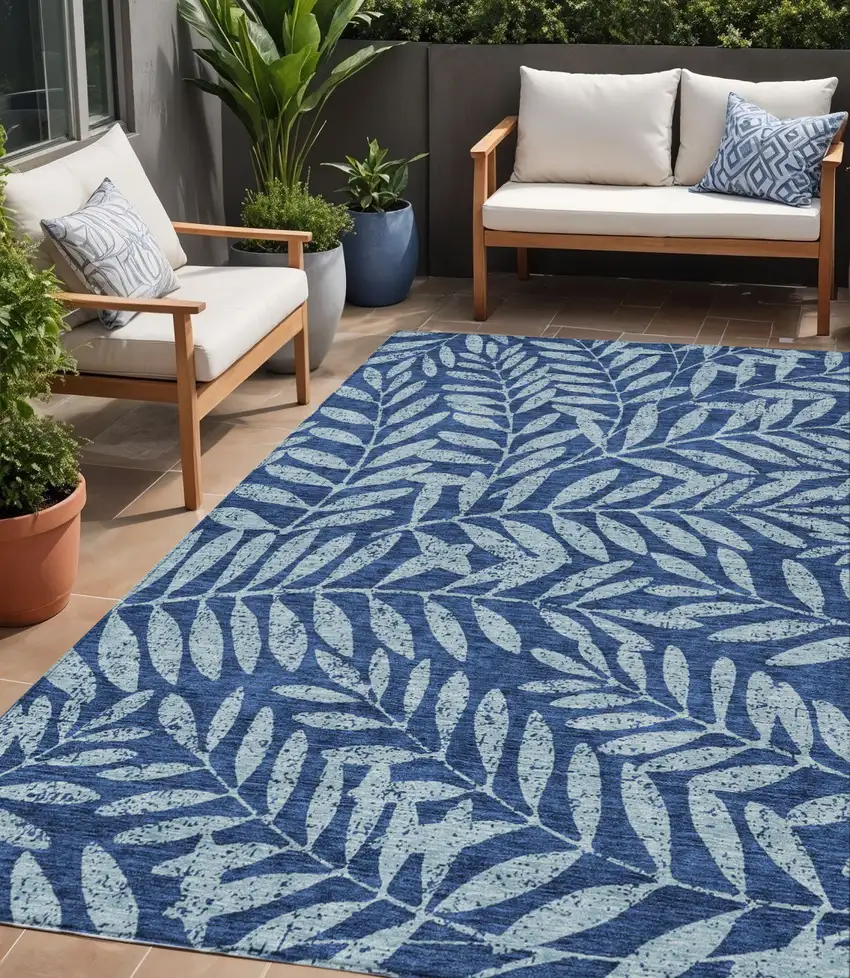 Navy Blue And Light Blue Floral Washable Indoor Outdoor Area Rug Photo 1