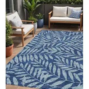Photo of Navy Blue And Light Blue Floral Washable Indoor Outdoor Area Rug