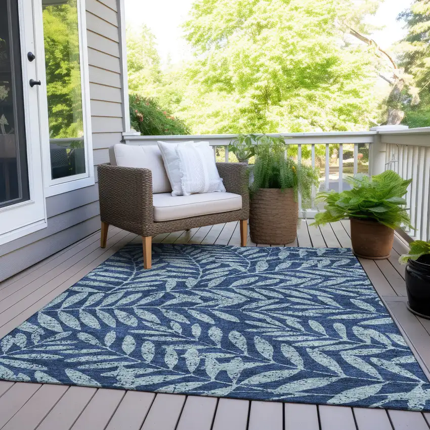 Navy Blue And Light Blue Floral Washable Indoor Outdoor Area Rug Photo 8