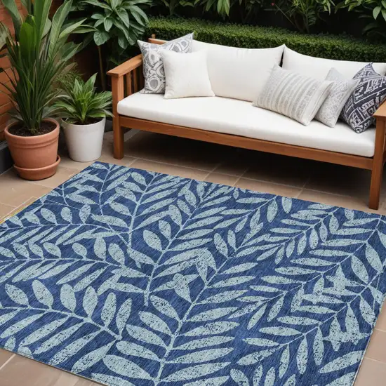 Navy Blue And Light Blue Floral Washable Indoor Outdoor Area Rug Photo 1