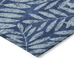 Photo of Navy Blue And Light Blue Floral Washable Indoor Outdoor Area Rug