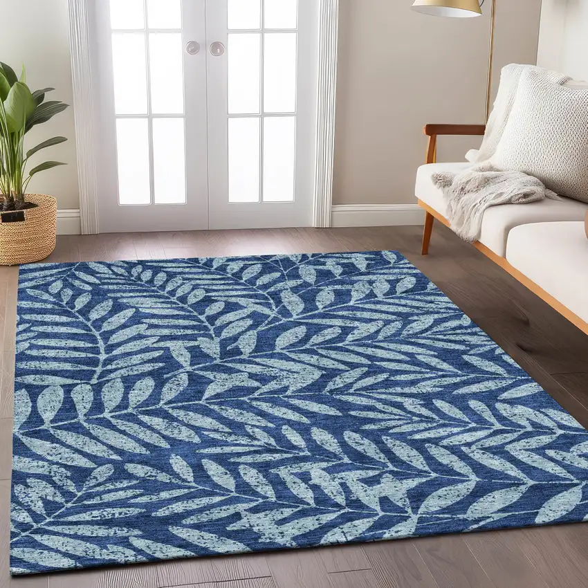 Navy Blue And Light Blue Floral Washable Indoor Outdoor Area Rug Photo 9