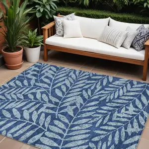 Photo of Navy Blue And Light Blue Floral Washable Indoor Outdoor Area Rug