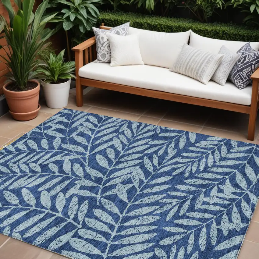 Navy Blue And Light Blue Floral Washable Indoor Outdoor Area Rug Photo 1