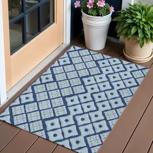 Photo of Navy Blue And Light Blue Geometric Washable Indoor Outdoor Area Rug