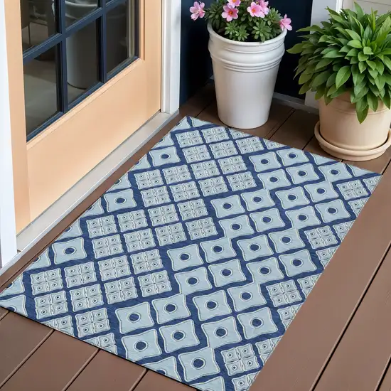 Navy Blue And Light Blue Geometric Washable Indoor Outdoor Area Rug Photo 1