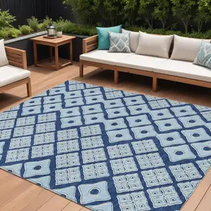 Photo of Navy Blue And Light Blue Geometric Washable Indoor Outdoor Area Rug