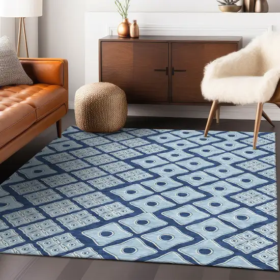 Navy Blue And Light Blue Geometric Washable Indoor Outdoor Area Rug Photo 9