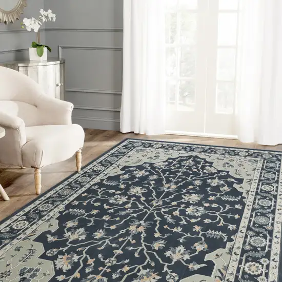 Navy Blue And Light Gray Floral Area Rug Photo 4
