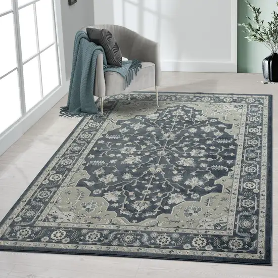 Navy Blue And Light Gray Floral Area Rug Photo 5