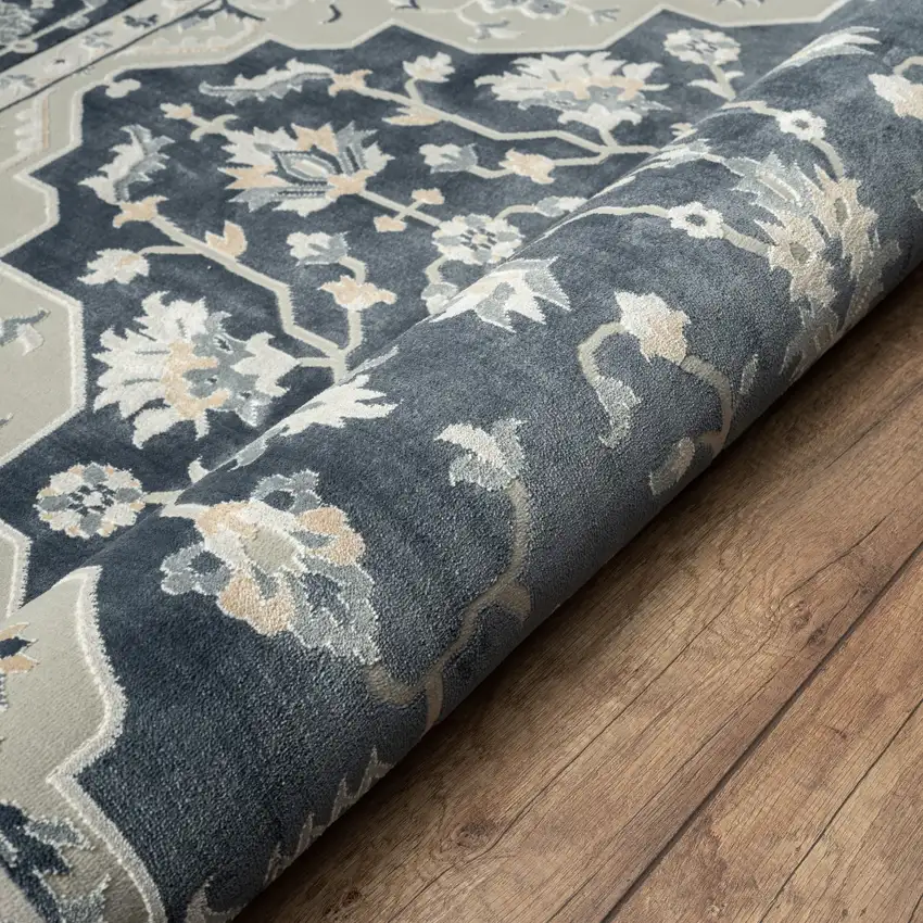 Navy Blue And Light Gray Floral Area Rug Photo 7