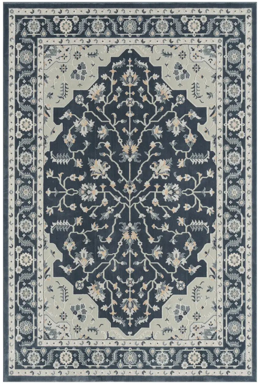 Navy Blue And Light Gray Floral Area Rug Photo 2