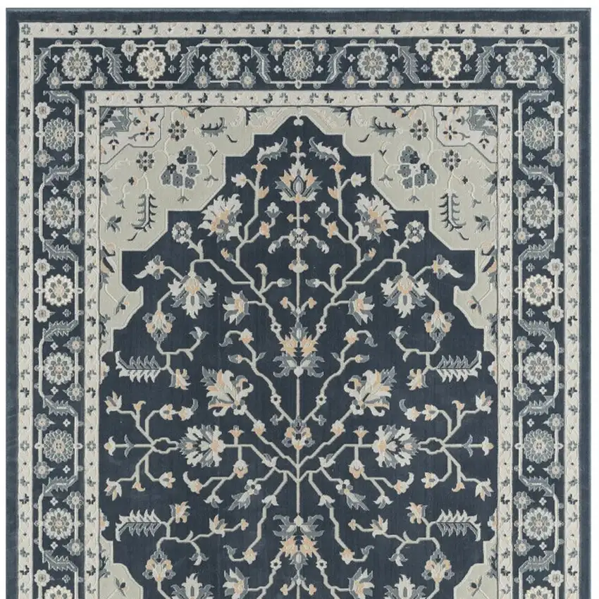 Navy Blue And Light Gray Floral Area Rug Photo 3