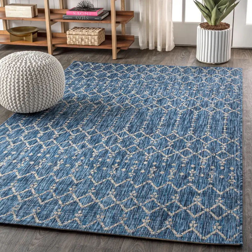 Navy Blue And Light Gray Trellis Indoor Outdoor Area Rug Photo 6