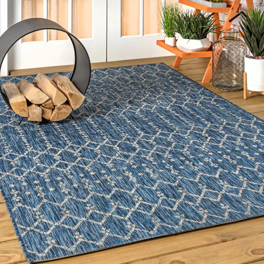 Navy Blue And Light Gray Trellis Indoor Outdoor Area Rug Photo 5