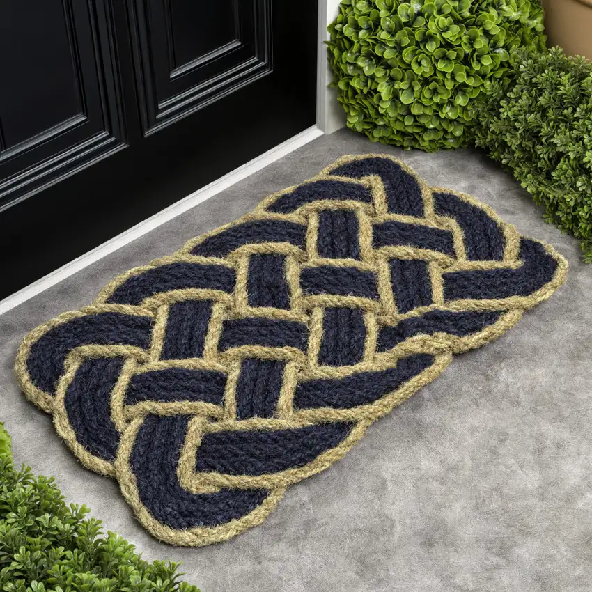 Navy Blue And Light Yellow Geometric Handmade Indoor Outdoor Area Rug Photo 6