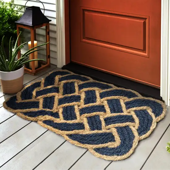 Navy Blue And Light Yellow Geometric Handmade Indoor Outdoor Area Rug Photo 7