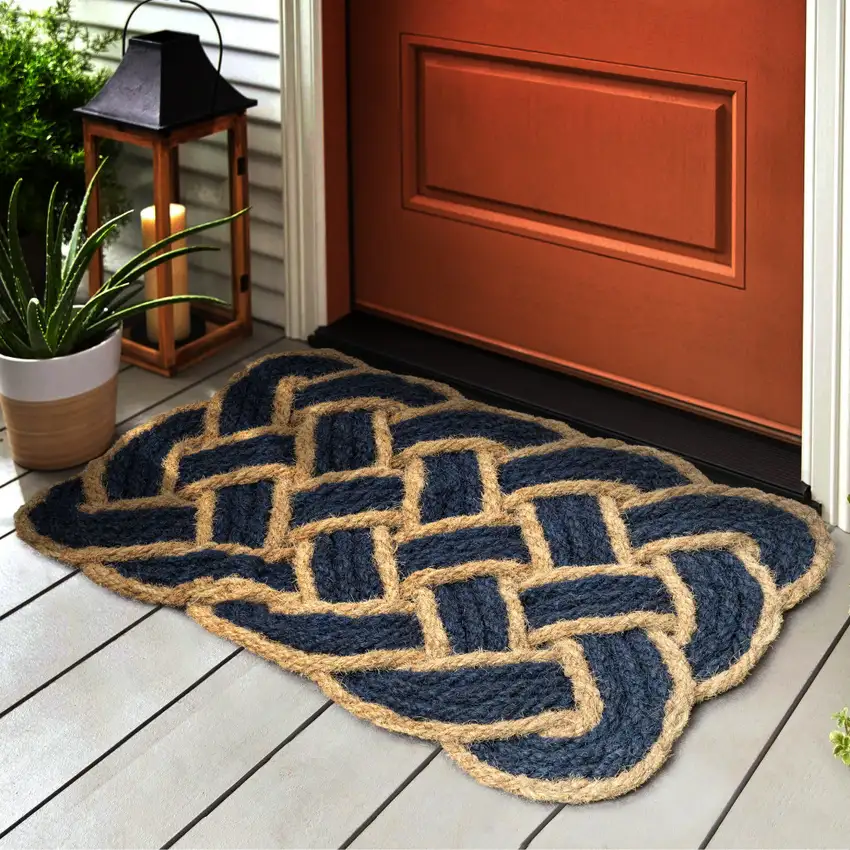 Navy Blue And Light Yellow Geometric Handmade Indoor Outdoor Area Rug Photo 7