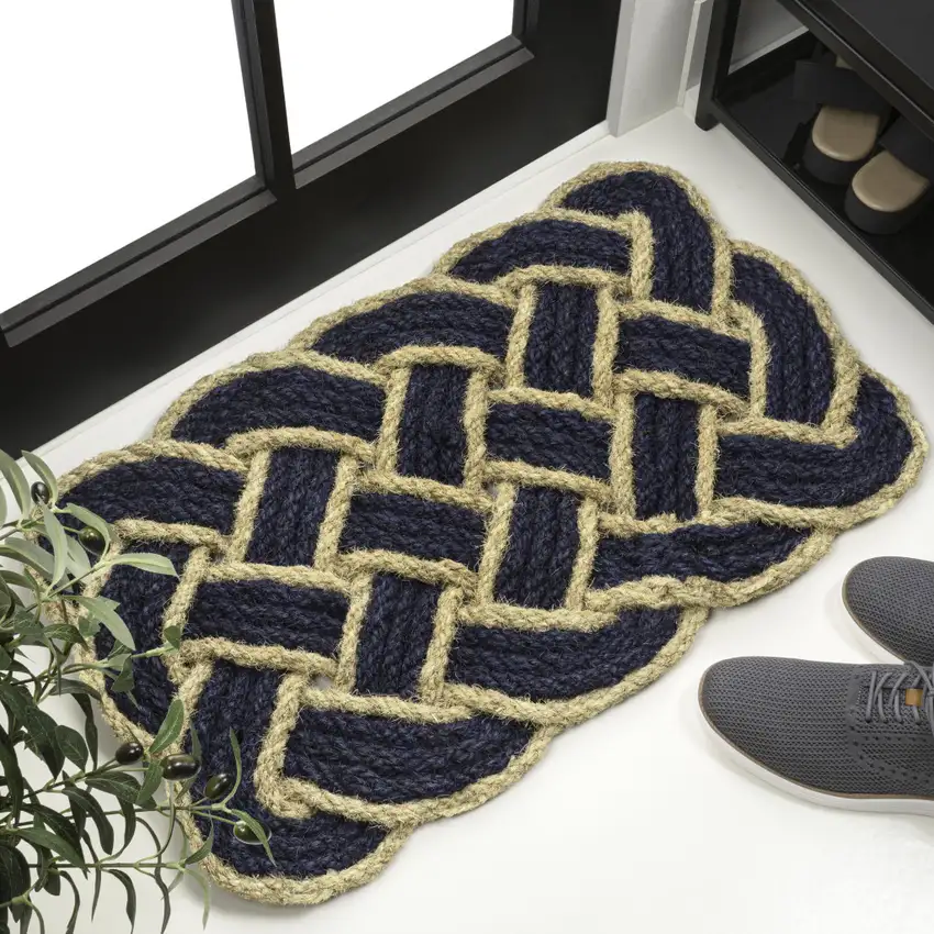 Navy Blue And Light Yellow Geometric Handmade Indoor Outdoor Area Rug Photo 5