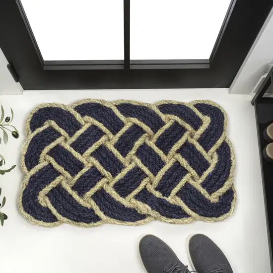 Navy Blue And Light Yellow Geometric Handmade Indoor Outdoor Area Rug Photo 4