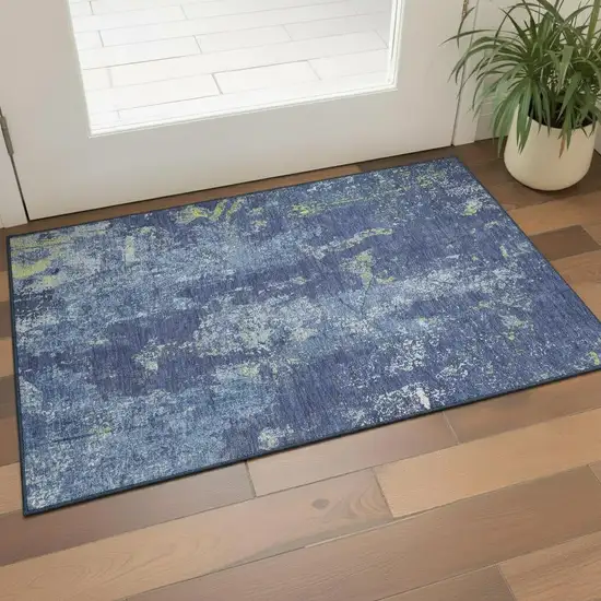Navy Blue And Lime Green Abstract Washable Area Rug With UV Protection Photo 2